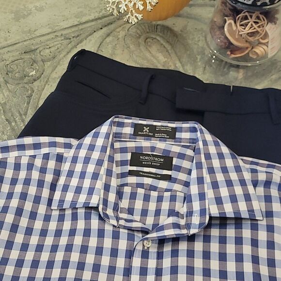 nordstrom Wrinkle Free Plaid Cotton Collar Shirt Large - Picture 2 of 7
